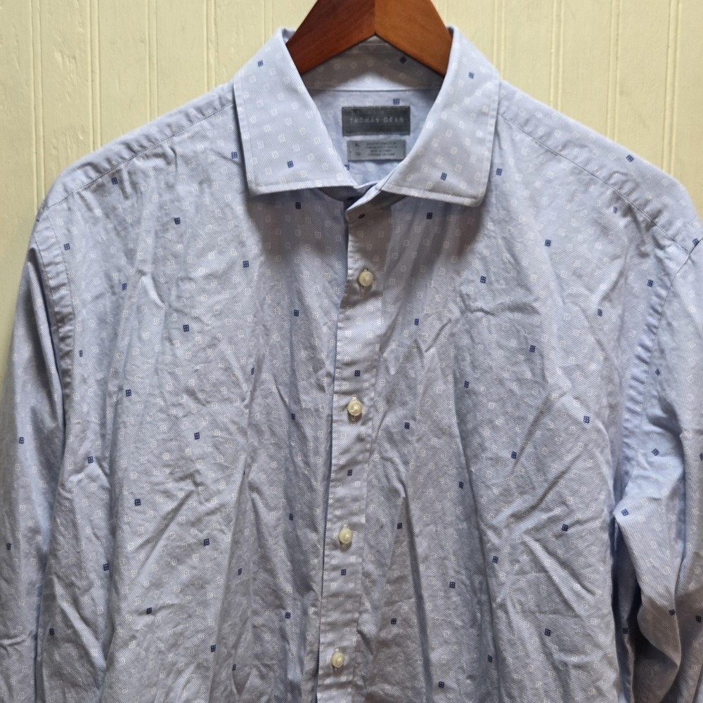 Thomas Dean Dress Shirt Mens XL Blue Geometric Classic Fit Cotton Long Sleeve